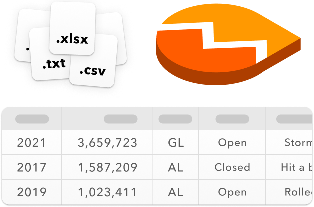 A pile of Excel and CSV files sit alongside a large Marmalade app icon, a table below represents the structured data Marmalade converts them into